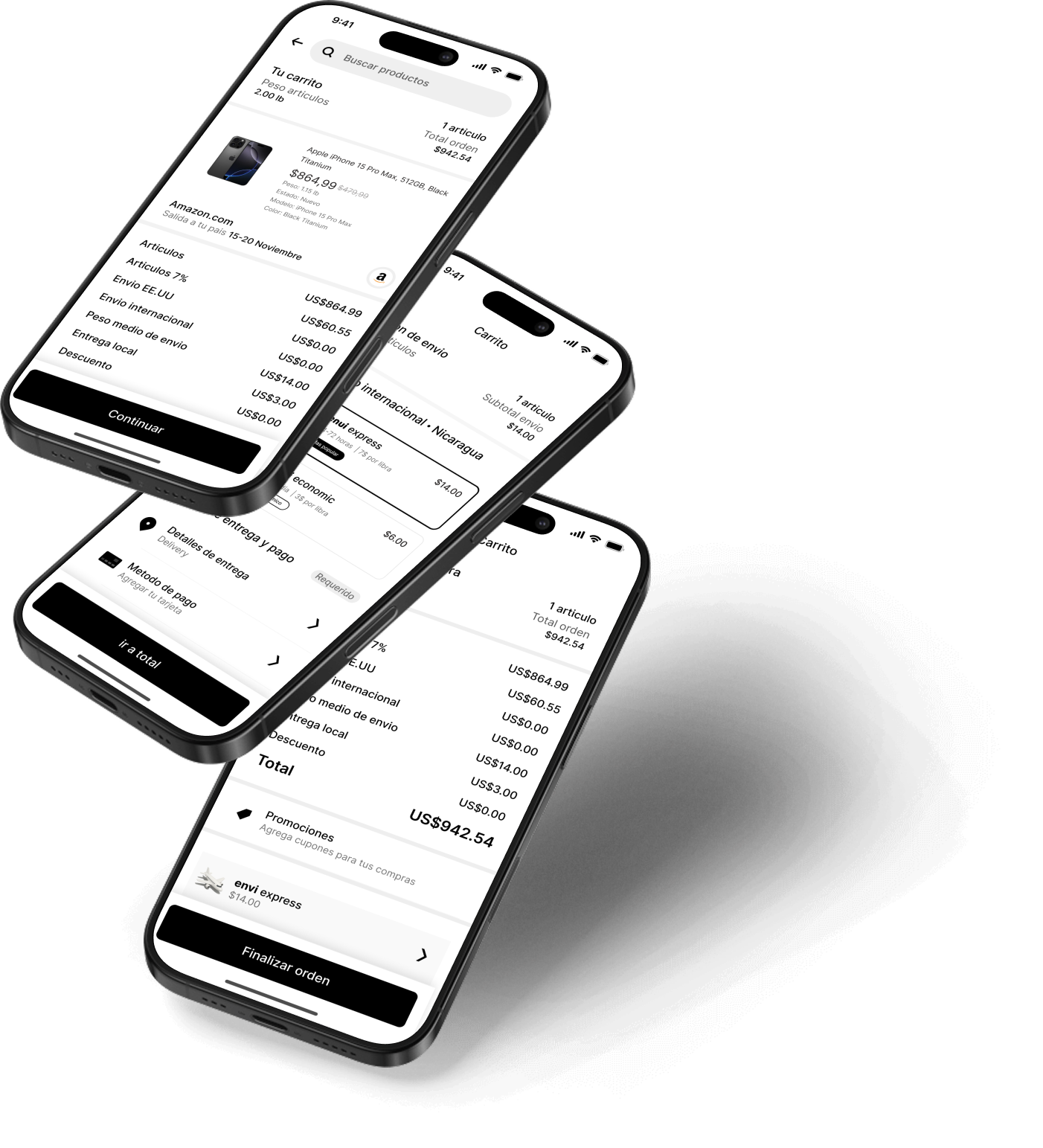 Aplicación móvil Envi - Interfaz de compras internacionales